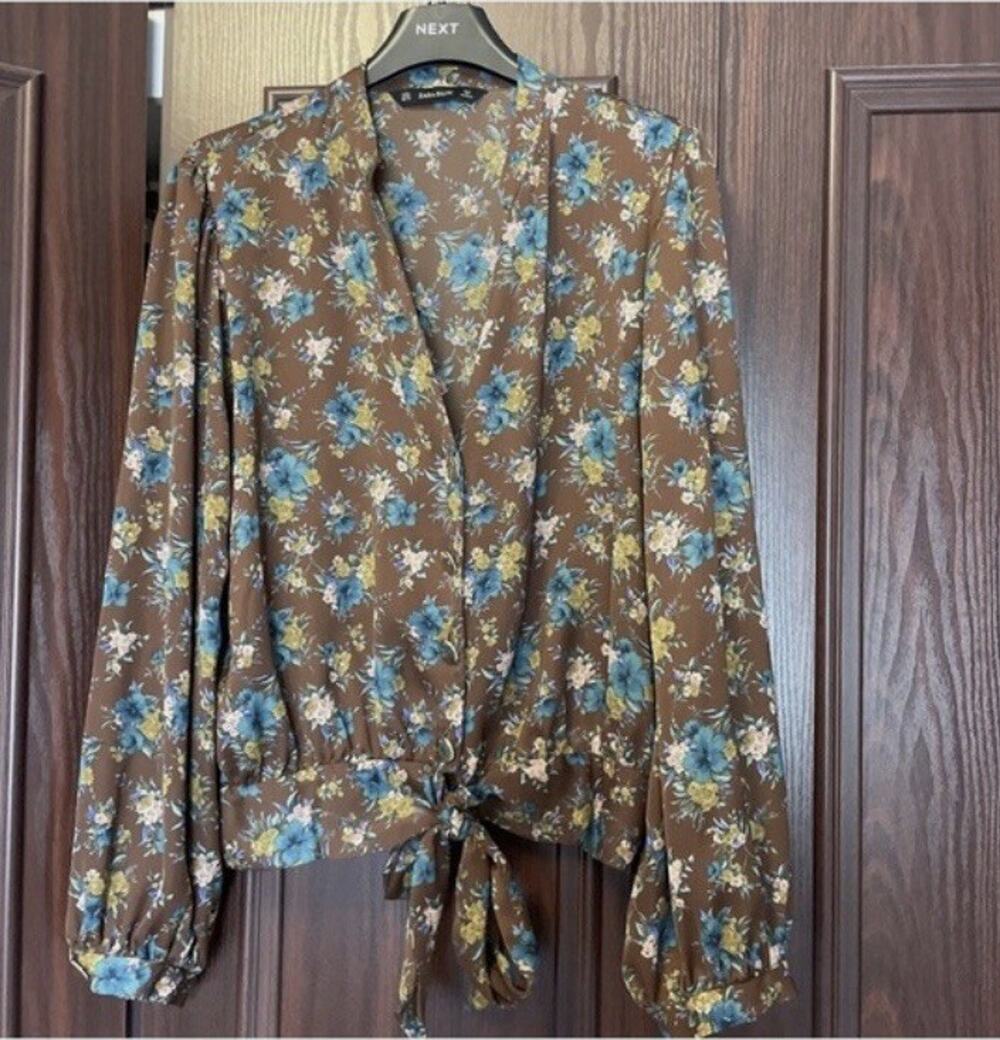NWT Zara Womens Size S Brown Floral Gold Button Tie Waist Satin Blouse
